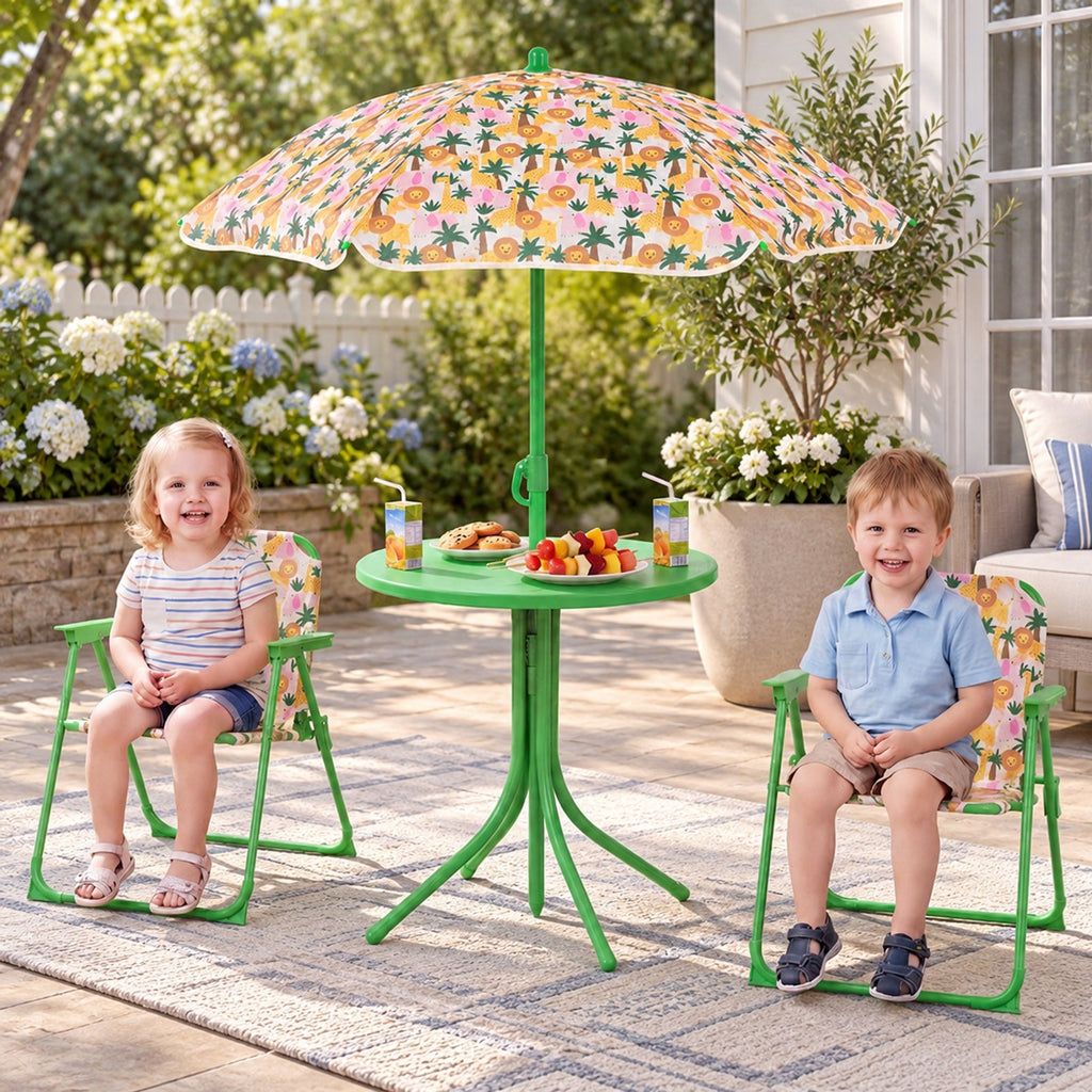 Airfind Kids Outdoor Table and Chair Set with 2 Folding Chairs and Height Adjustable Umbrella, 165 lbs Capacity, for 3-6 Years Old, Beige