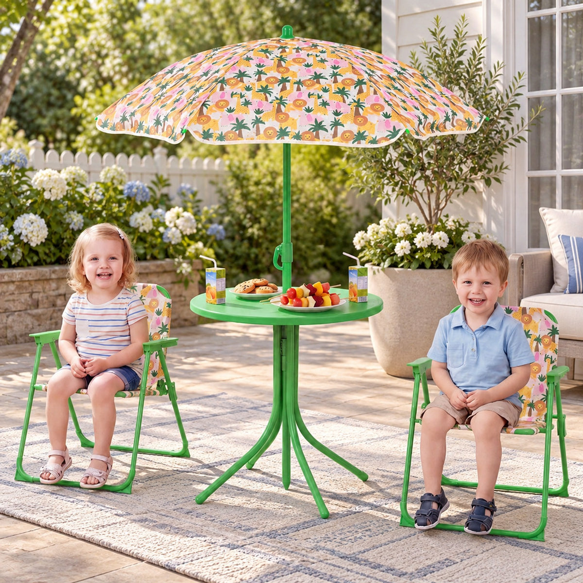 Airfind Kids Outdoor Table and Chair Set with 2 Folding Chairs and Height Adjustable Umbrella, 165 lbs Capacity, for 3-6 Years Old, Beige