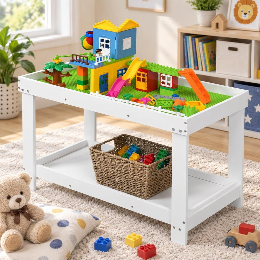 AIRFIND Kids Activity Table with Removable Top and Building Block Board, Hidden Toy Storage and Lower Shelf, 32.5 in Pine, White