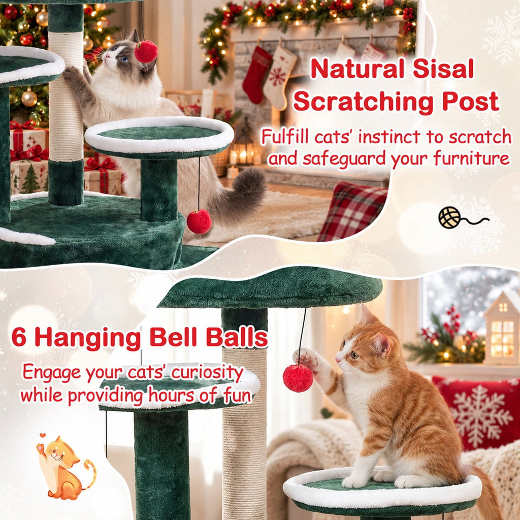 Airfind 50in Christmas Cat Tree with 2 Condos and Sisal Scratching Post, Green, Star-shaped spring toy for extra entertainment