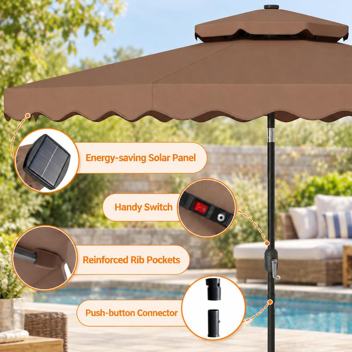 Airfind 9 FT Solar LED Patio Umbrella Push-Button Tilt and Crank 24 LED Lights and 8 Ribs, Polyester Fabric Metal Frame, 9 x 8.2 ft Footprint, Brown