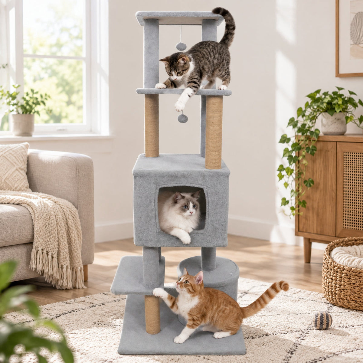Airfind 64 Inch Tall Cat Tree with 2 Large Condos and Jute Scratching Posts for Indoor Adult Cats, 33 lbs Capacity, Light Grey