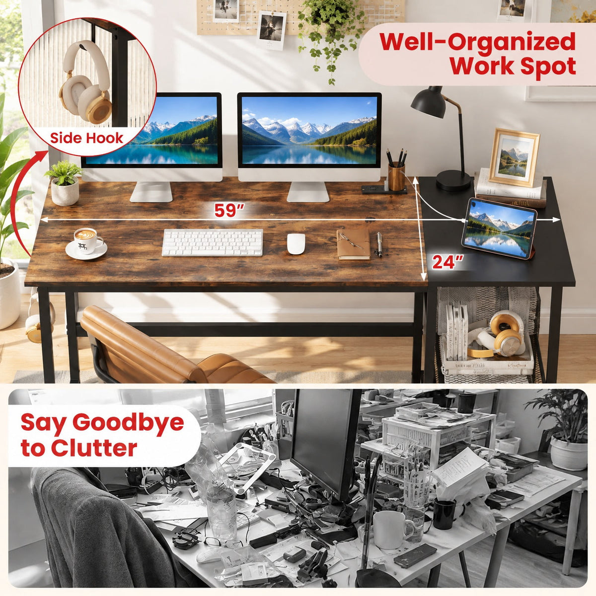 Airfind 59 Inch Home Office Computer Desk with Removable Storage Shelves, 275 lbs Capacity, Metal Engineered Wood Frame, 59 x 24 x 30 Footprint