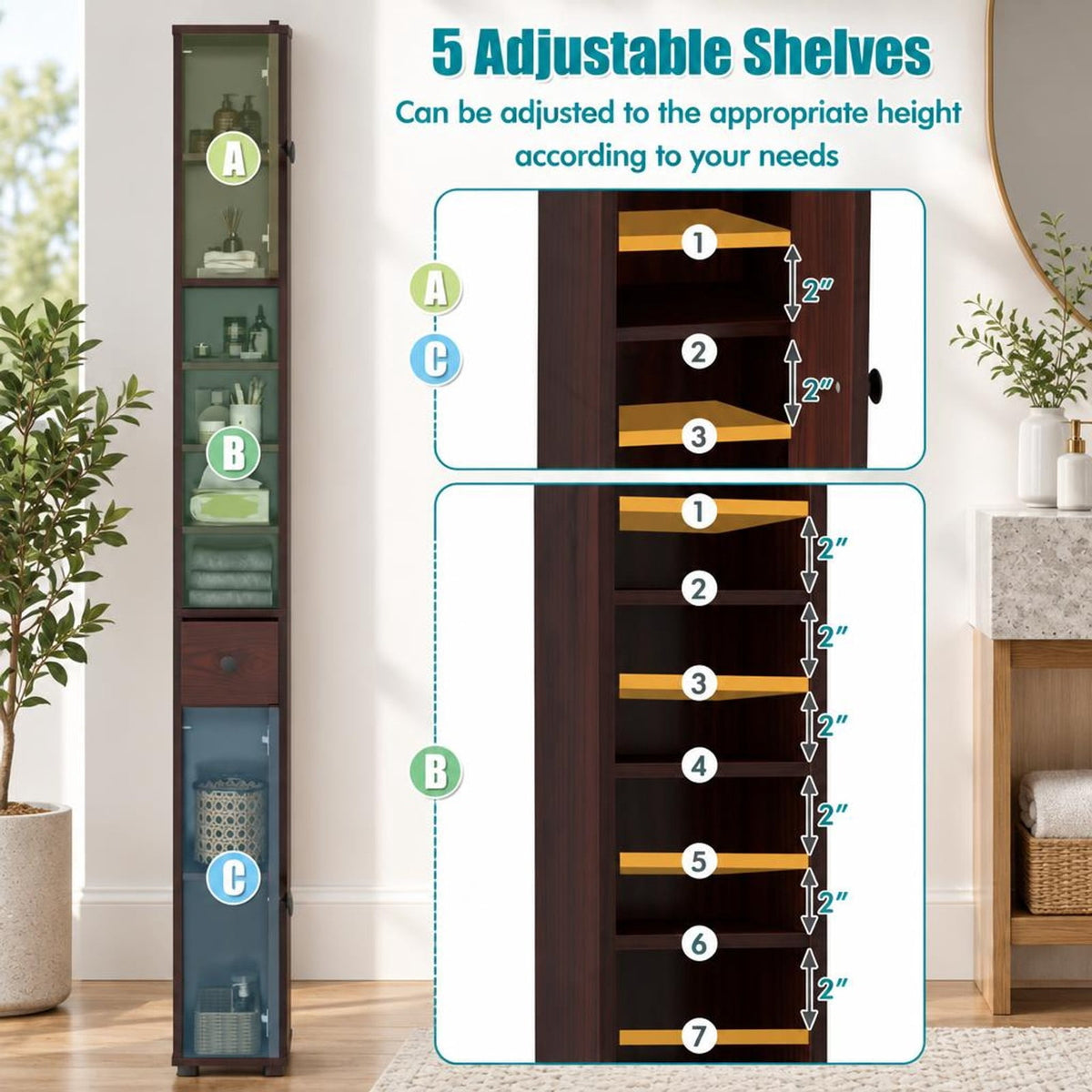 Airfind Freestanding Slim Bathroom Cabinet with Drawer and Adjustable Shelves, 110 lbs Capacity, MDF Frame, 8in x 8in x 71in Total Footprint, Brown