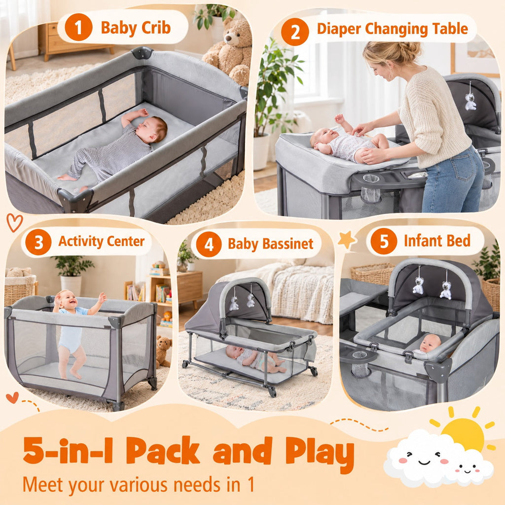 Airfind 5-in-1 Portable Child Playard with Cradle and Storage Basket, 33 Lbs Capacity, Polyester Fabric Sponge Iron PP Basic Child Playard, Gray