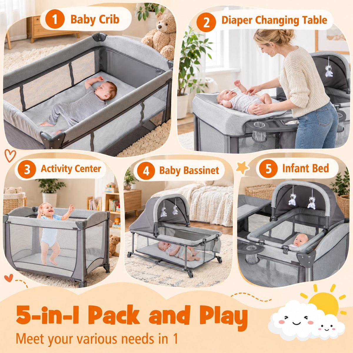 Airfind 5-in-1 Portable Child Playard with Cradle and Storage Basket, 33 Lbs Capacity, Polyester Fabric Sponge Iron PP Basic Child Playard, Gray