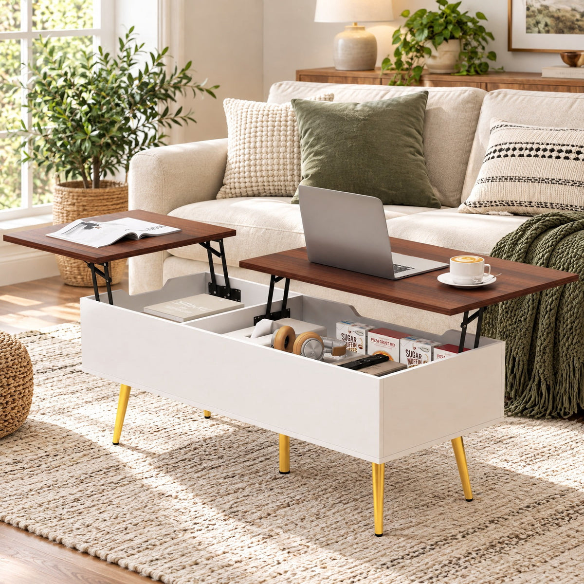 Airfind 47 Inch Lift Top Coffee Table with 2 Hidden Compartments, P2 Engineered Wood Solid Wood Steel Frame, Walnut