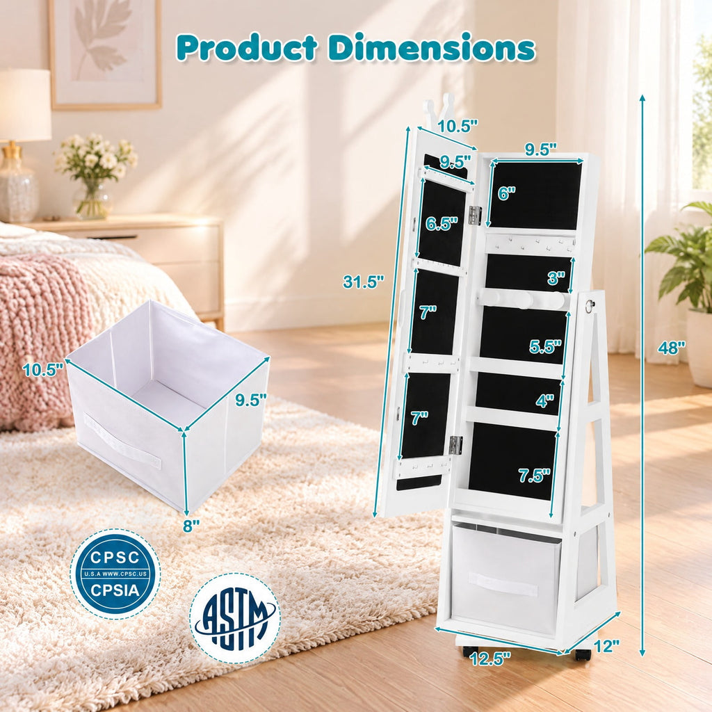 Airfind Kids Jewelry Armoire Cabinet with Swivel Base and Lockable Universal Wheels, 12.5 x 12 x 47Net Weight 19.5 lbsBox Qty1 Footprint