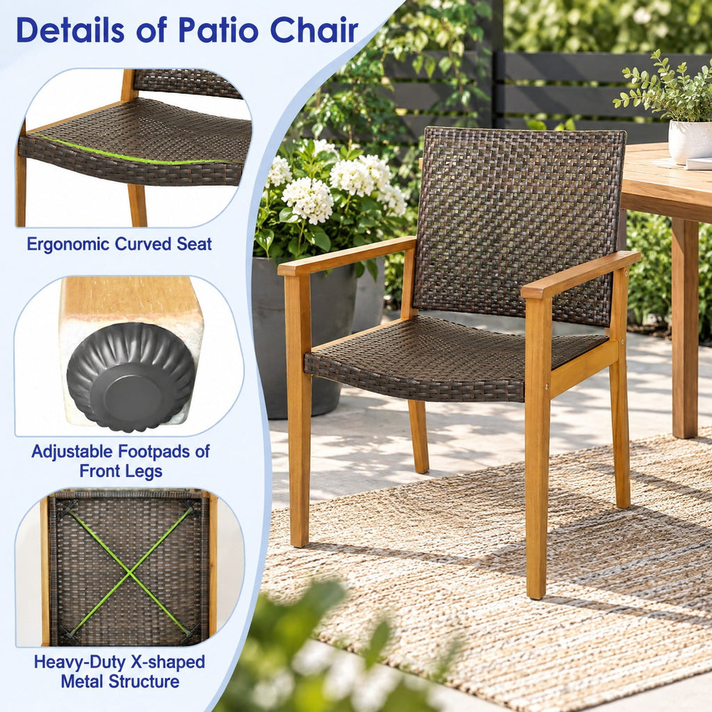 Airfind Set of 4 Outdoor Rattan Chair with Sturdy Acacia Wood Frame-Set of 4, 400 lbs Total Capacity, Acacia Wood PE Rattan Metal Frame, Wood