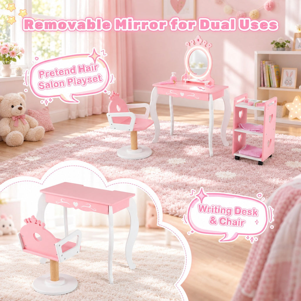 Airfind Kids Hair Salon Play Set with LED Lighted Mirror Wooden Pretend Hair Salon Station with Swivel Barber Chair, 66 lbs Capacity, Pink