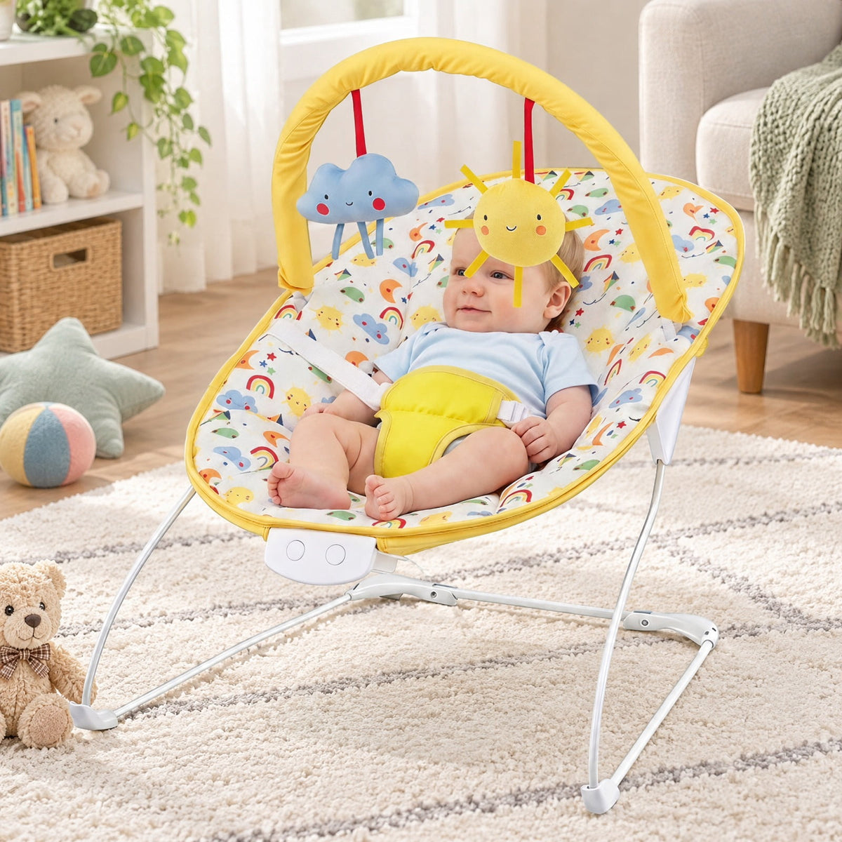 Airfind Portable Nursery Bouncer, Nursery Rocker Seat with Detachable Toy Bar, 20 lbs Capacity, Peach Velvet Fabric Polyester Metal ABS TPE, Yellow