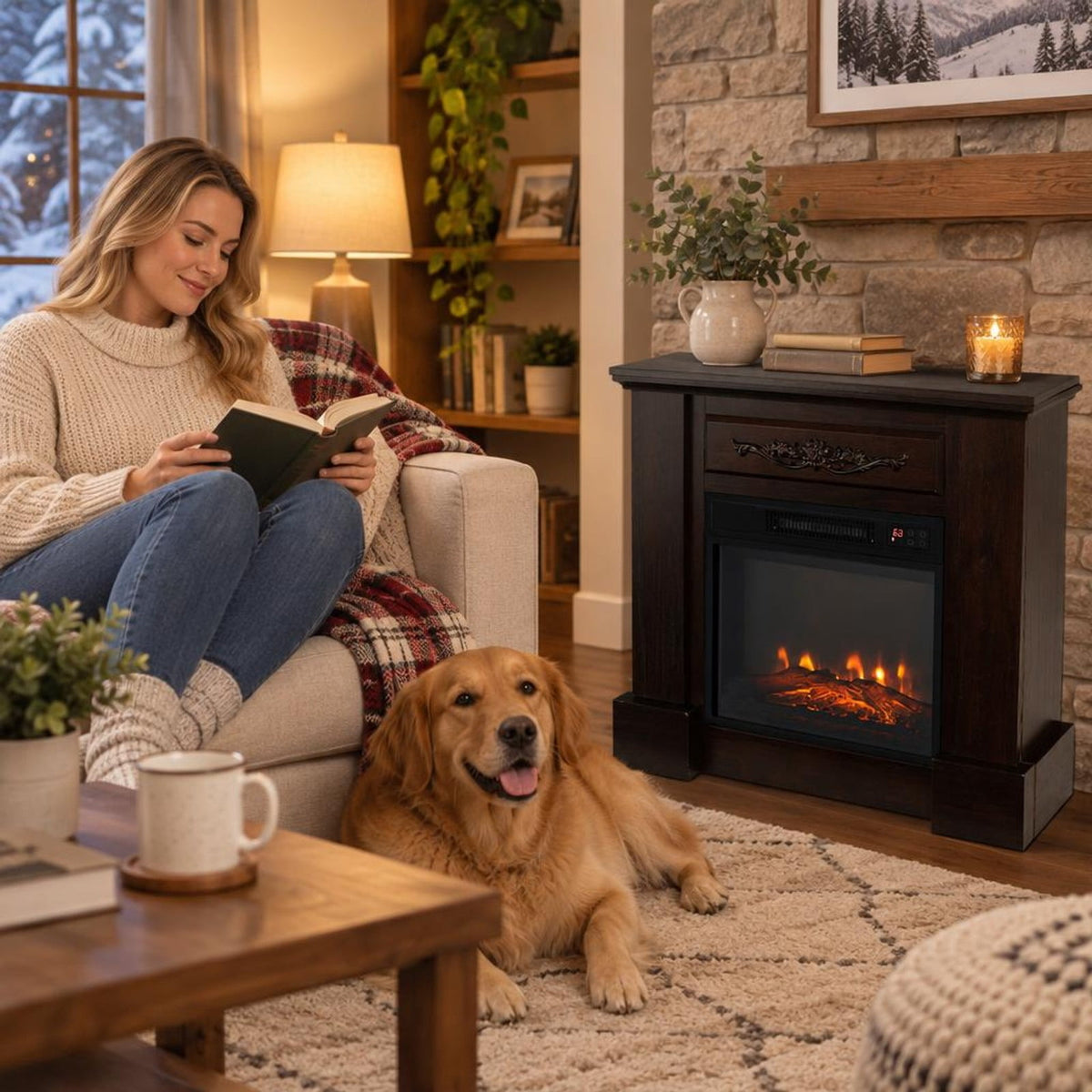 Airfind 1400W TV Stand Electric Fireplace Mantel with Remote Control, 22 Lbs Capacity, MDF PB Steel Plastic Tempered Glass, Natural