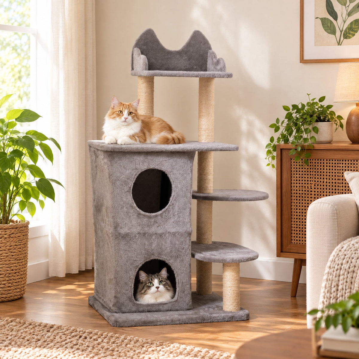 Airfind 48.5 inch Cat Tree with 2-story Condo and 3 Hideaway Caves for Large Cats, Engineered Wood Sisal MDF Plush Fabric Frame, Gray