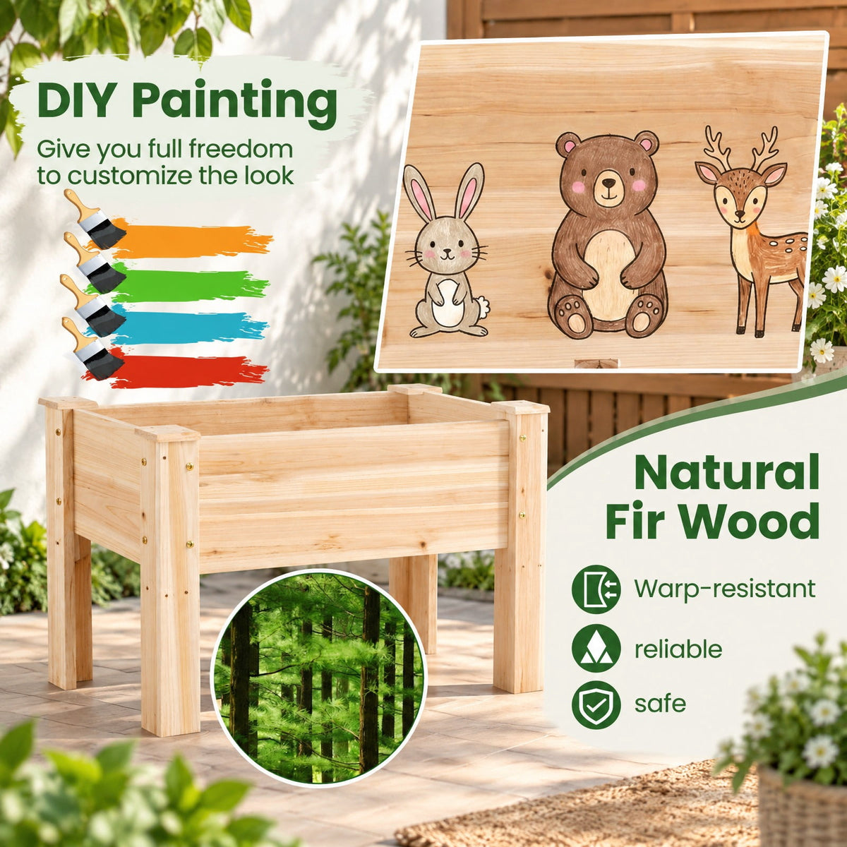 Airfind Wooden Raised Garden Bed with Legs 175 LBS Heavy-Duty Elevated Planter Box with Drainage Holes, 175 lbs Capacity, Fir Wood Frame, Natural