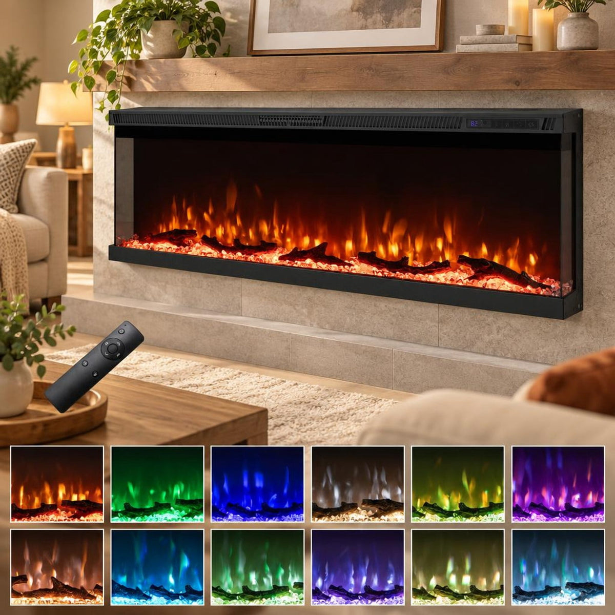 Airfind 36/40/50/60 Inch Wide 3-Sided Electric Fireplace Insert with Remote Control and 12 Flame Colors-50 Inch, Metal Tempered Glass Frame, Black