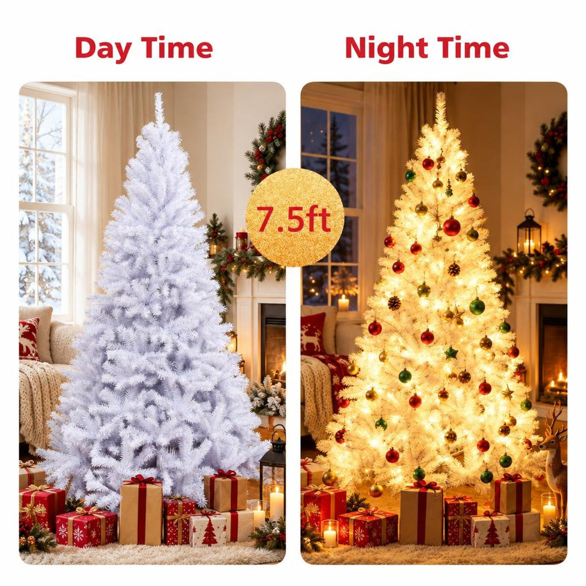 Airfind 6 / 7.5 / 9 Hinged Artificial Christmas Tree with Metal Stand-7.5 ft, PVC iron Frame, φ 3.8 ft x 6 ft Footprint, White