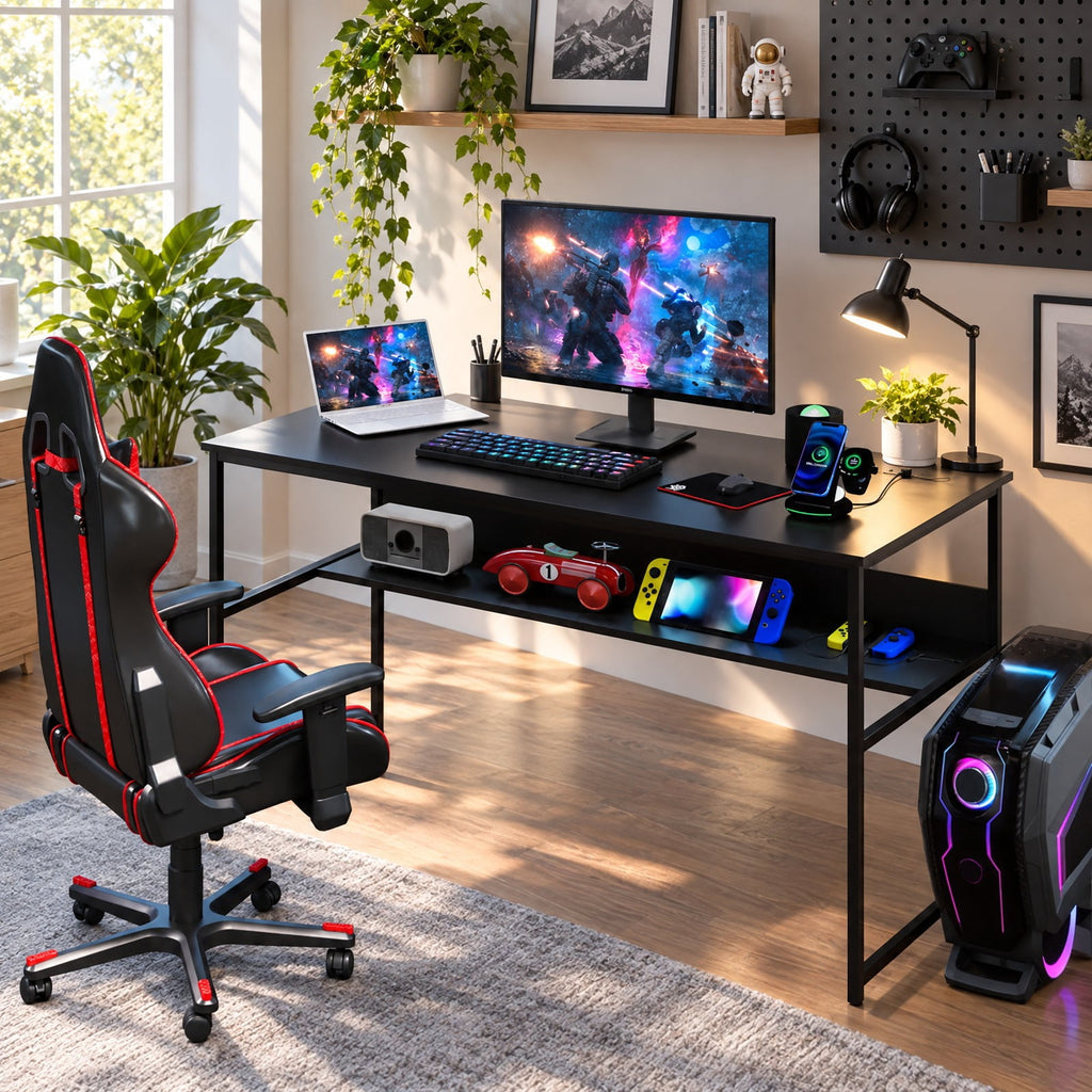 Airfind 55 x 24 inch Computer Desk with Power Outlets and USB Ports, 220 lbs Capacity, Engineered Wood Metal Frame, Black