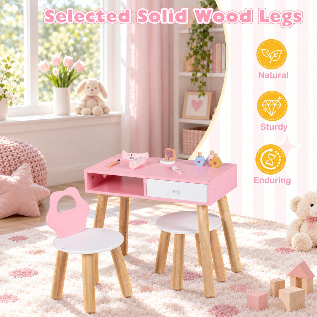 Airfind Wooden Youth Styling Salon Playset featuring Chair and Stool, Dressing and Styling Activity Kit with Eye Shadow, 66 lbs Capacity, Pink