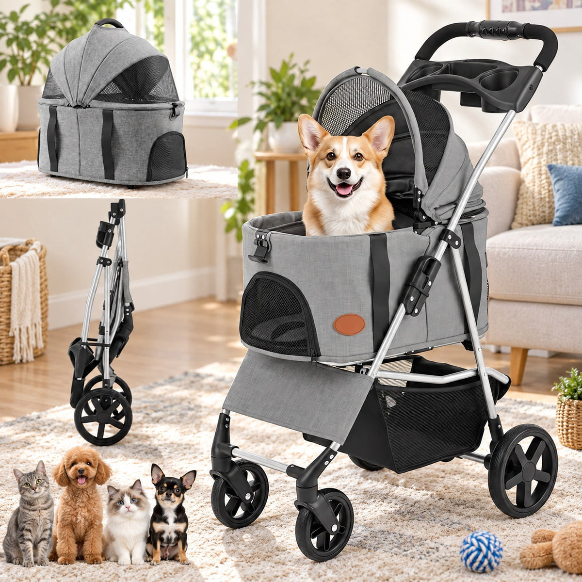 Airfind 3-in-1 Pet Stroller for Small Medium Dogs Foldable with Detachable Carrier, 26.5 lbs Capacity, 18.5in x 28.5in x 39.5in Footprint, Grey