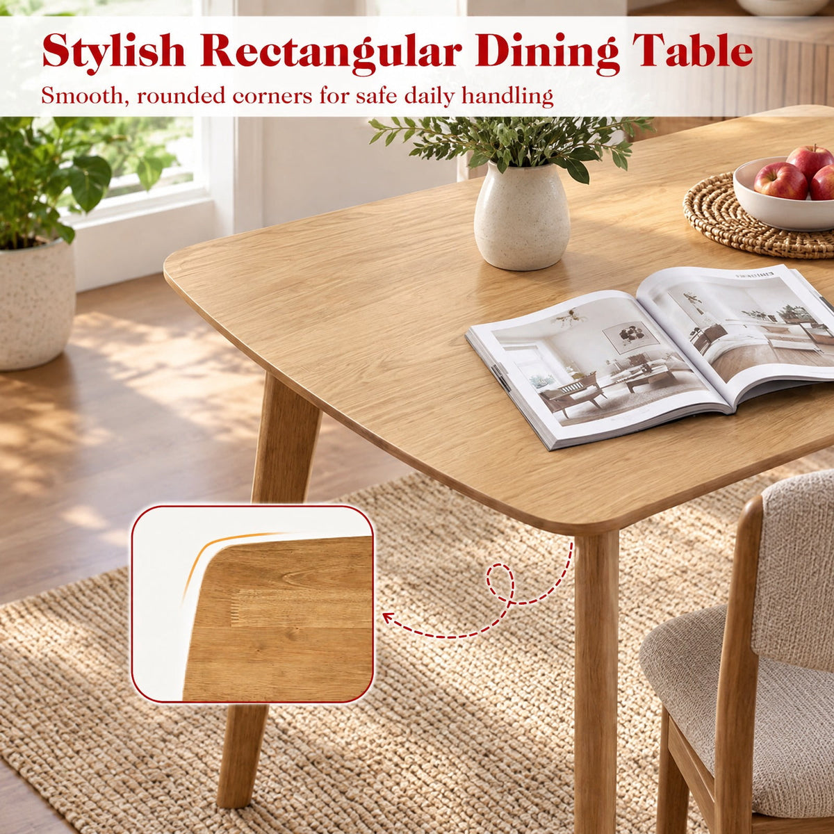 Airfind 55 Solid Wood Dining Table for 4-6 People with Rounded Edges, 220 lbs Capacity, 55 x 27.5 x 30 Footprint, Natural