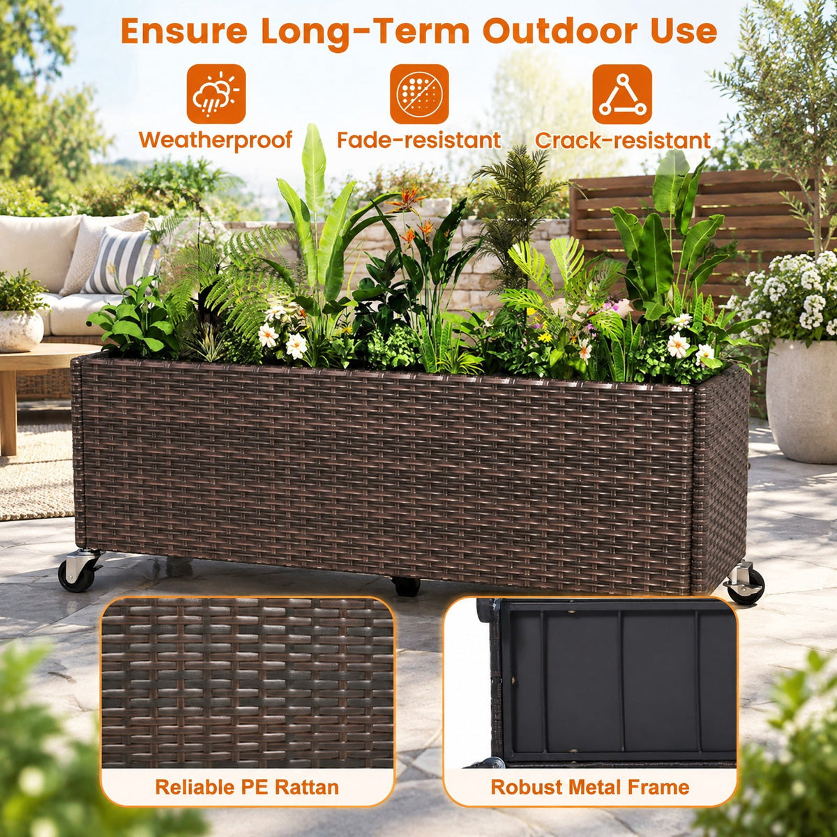 Airfind Raised Garden Bed PE Rattan Wicker Patio Planter Box with Wheels and Liner, 37.5 x 12 x 14Interior Footprint