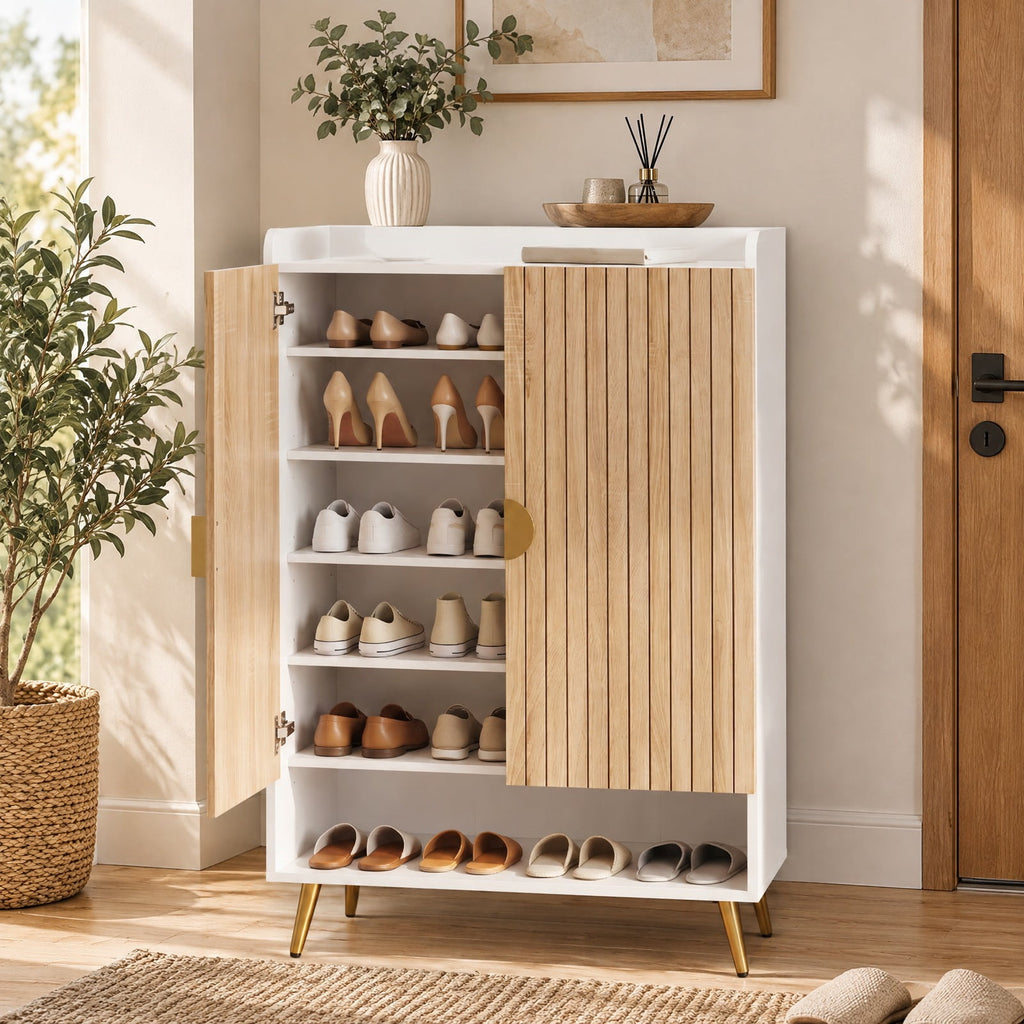 Airfind 44in Tall Shoe Storage Cabinet with 7-Tier Doors and Adjustable Shelves for Entryway, 110 lbs Capacity, Engineered Wood Metal Frame, Natural
