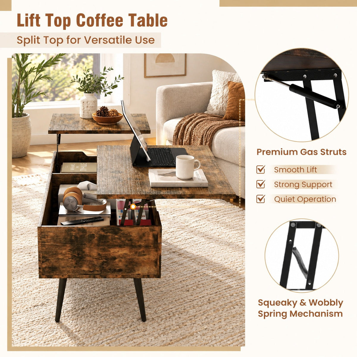 Airfind 47 Inch Lift Top Coffee Table with 2 Hidden Compartments, P2 Engineered Wood Solid Wood Steel Frame, Coffee