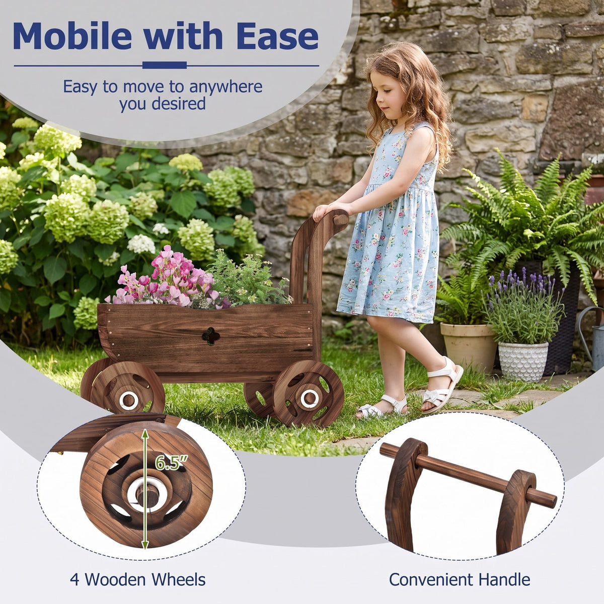 Airfind Decorative Wooden Wagon Cart with Handle Wheels and Drainage Hole, 44 lbs Capacity, Fir Wood Frame, 27 x 15 x 21 Footprint, Brown