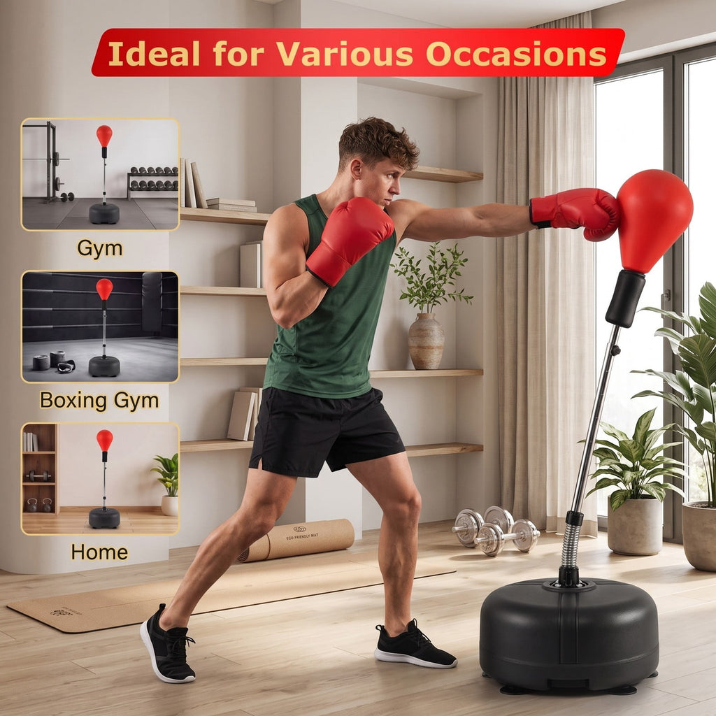 Airfind Height Adjustable Punching Bag with Stand for Teens and Adults, Freestanding Reflex Boxing Bag with Weighted Fillable Base, Gloves and Spring Ball for, Red