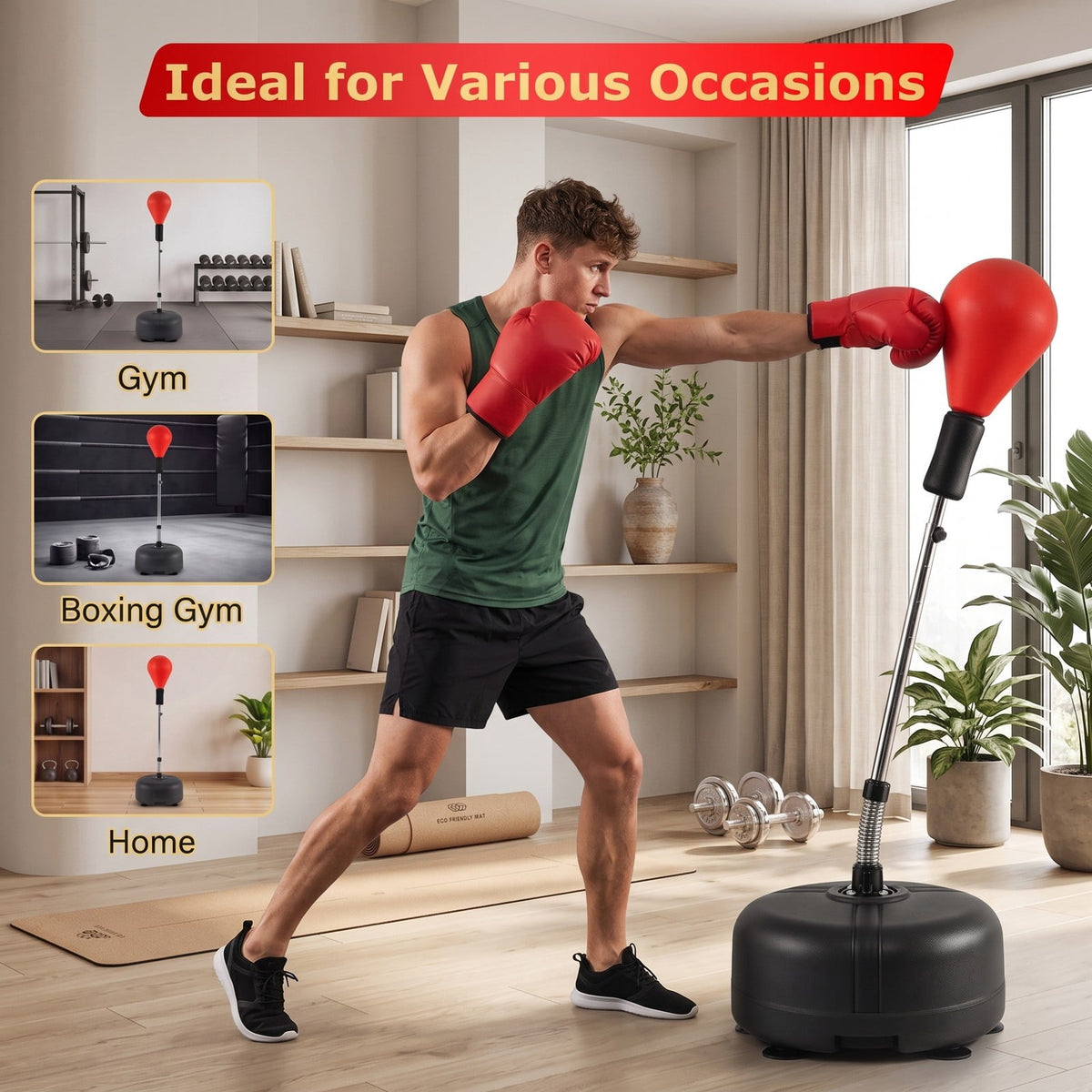 Airfind Height Adjustable Punching Bag with Stand for Teens and Adults, Freestanding Reflex Boxing Bag with Weighted Fillable Base, Gloves and Spring Ball for, Red