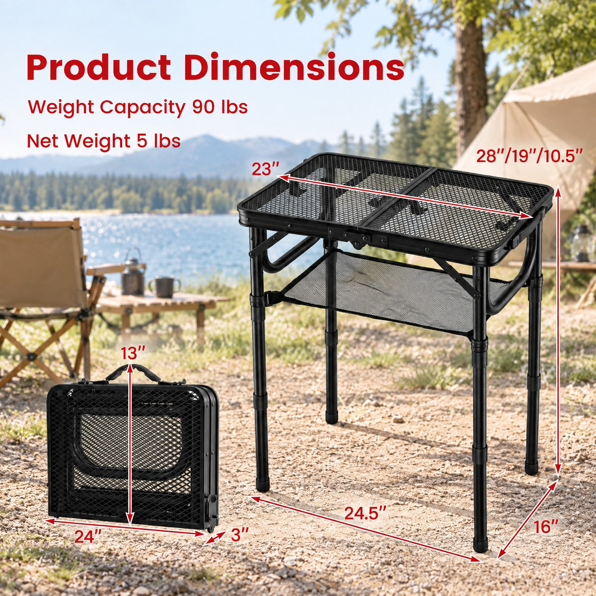 Airfind 3-Height Folding Picnic Table with Large Storage Net and Handle, 90 lbs Capacity, Aluminum Metal Nylon PP EVA Frame, Black