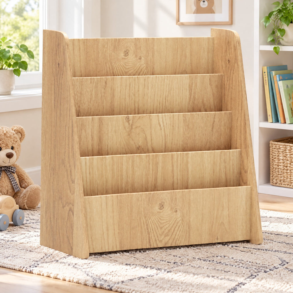 Airfind 4-Tier Kids Bookshelf with Deep Compartments for Bedroom, Natural, 4 open and deep compartments for book storage
