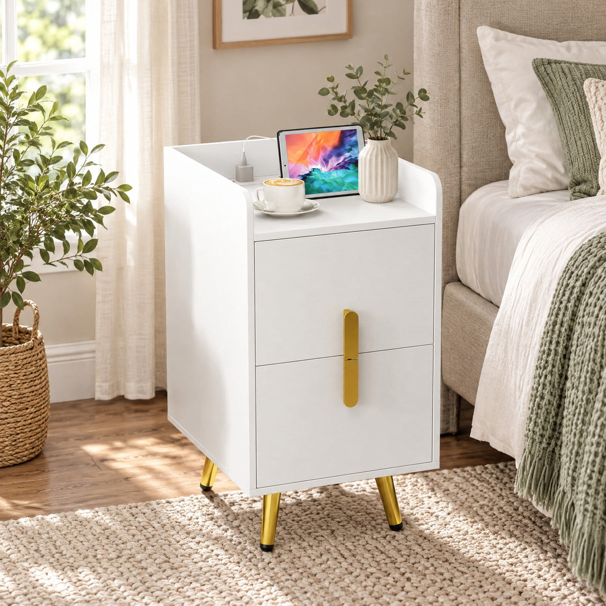 Airfind Nightstand Side Tables with 2 Drawers and Charging Station with 3 AC Outlets and 2 USB Ports, Engineered Wood MDF Metal Frame, 16 Inch x 12.5 Inch 23.5 Inch Drawer Internal Footprint, White