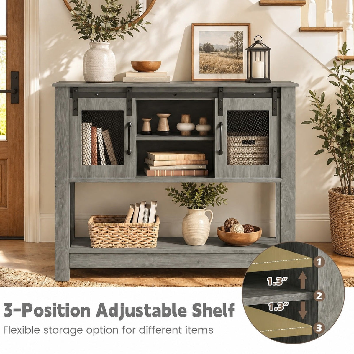 Airfind Console Table with Sliding Barn Doors and Storage Cabinets, 150 lbs Capacity, Engineered Wood Metal Frame, 40 x 12.5 x 32 Footprint, Gray