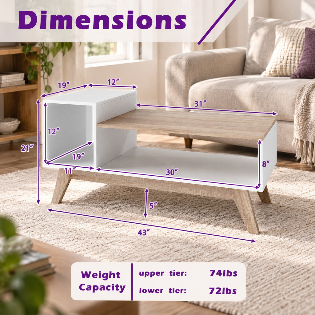 Airfind 43 Inch Coffee Table with Stepped Tabletop and Storage Compartments, 100 lbs Capacity, Engineered Wood MDF Frame, White
