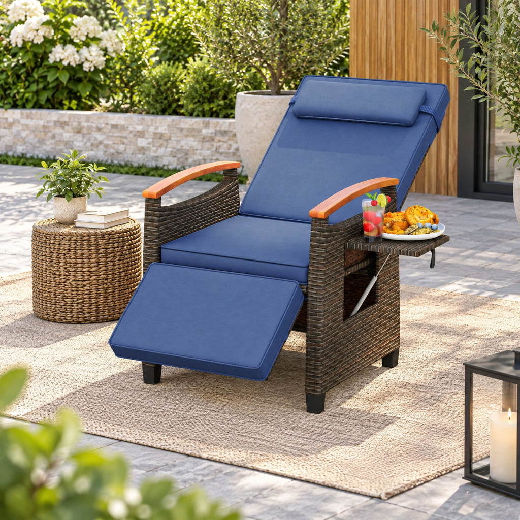 Airfind Patio Wicker Recliner Chair with Adjustable Backrest and Footrest, 400 lbs Capacity, PE Rattan Acacia Wood Polyester Sponge Metal Frame