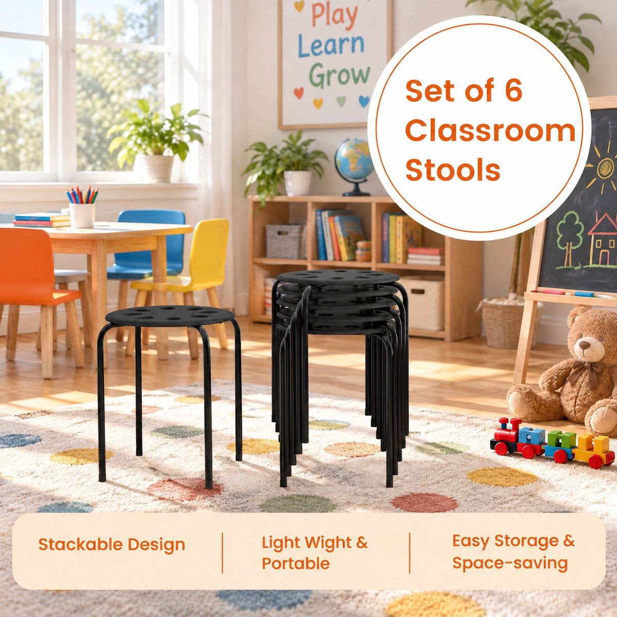 Airfind Set of 6 Portable Plastic Stack Stools, 220 lbs Capacity, Steel Frame, 14.5 x 14.5 x 17.5 Footprint, Black