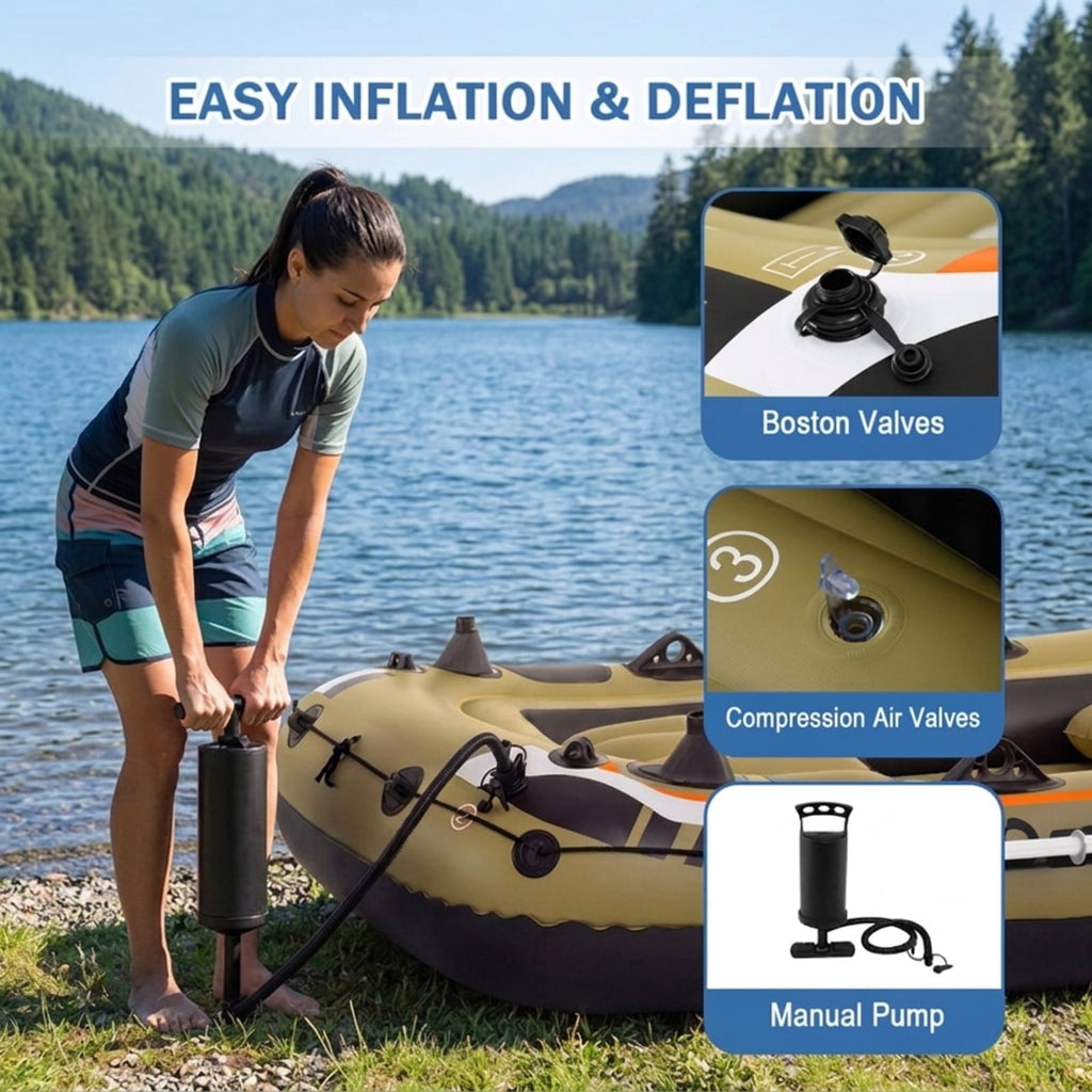 Airfind Heavy Duty Inflatable Fishing Boat 4 Person Raft Set with Aluminum Oars and Rod Holders for Fishing Drifting and Water Adventures, Green