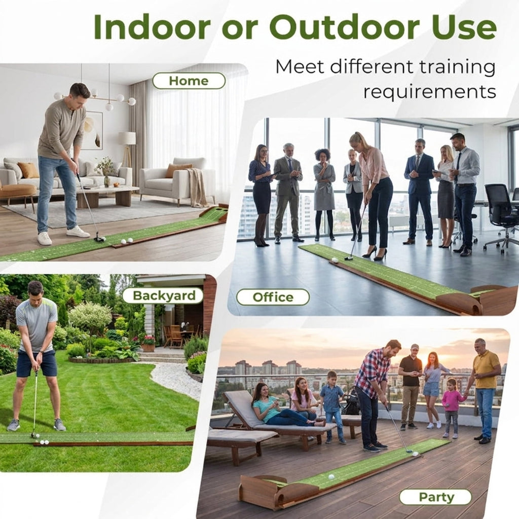 Airfind 10 ft Indoor Putting Mat with Wood Track, Auto Ball Return and 2 Hole Sizes, Brown