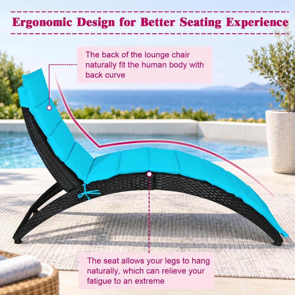 Airfind Folding Patio Rattan Portable Lounge Chair Chaise with Cushion, PE rattan steel non-woven fabric sponge Frame, Turquoise