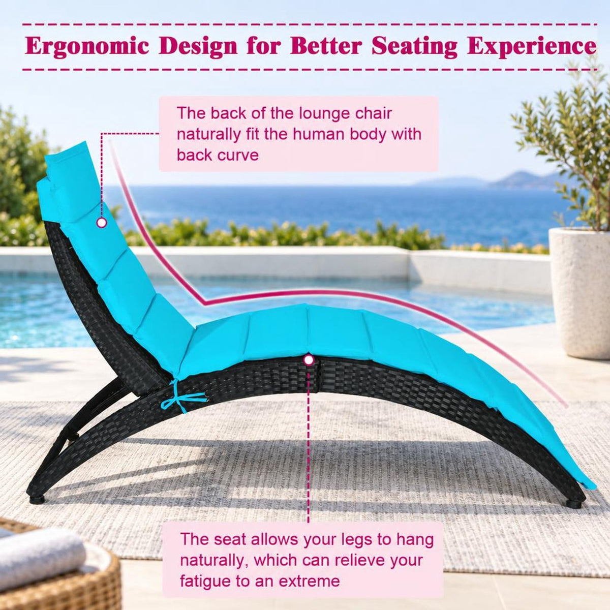 Airfind Folding Patio Rattan Portable Lounge Chair Chaise with Cushion, PE rattan steel non-woven fabric sponge Frame, Turquoise
