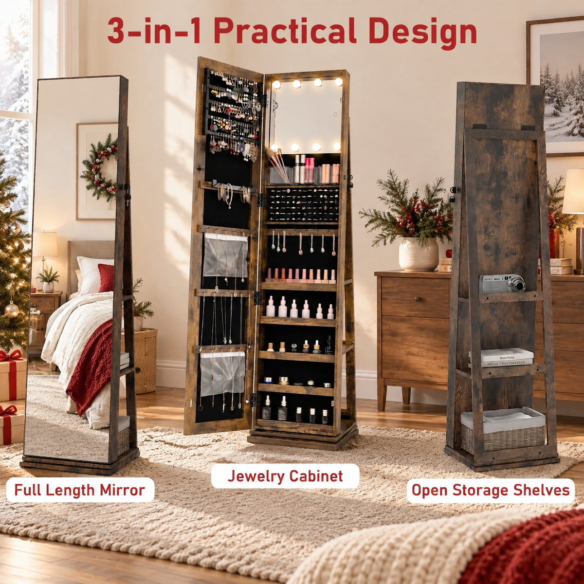 Airfind 360° Swivel Jewelry Cabinet with Full Length Mirror, MDF Frame, Brown, Open storage shelves for easy reach