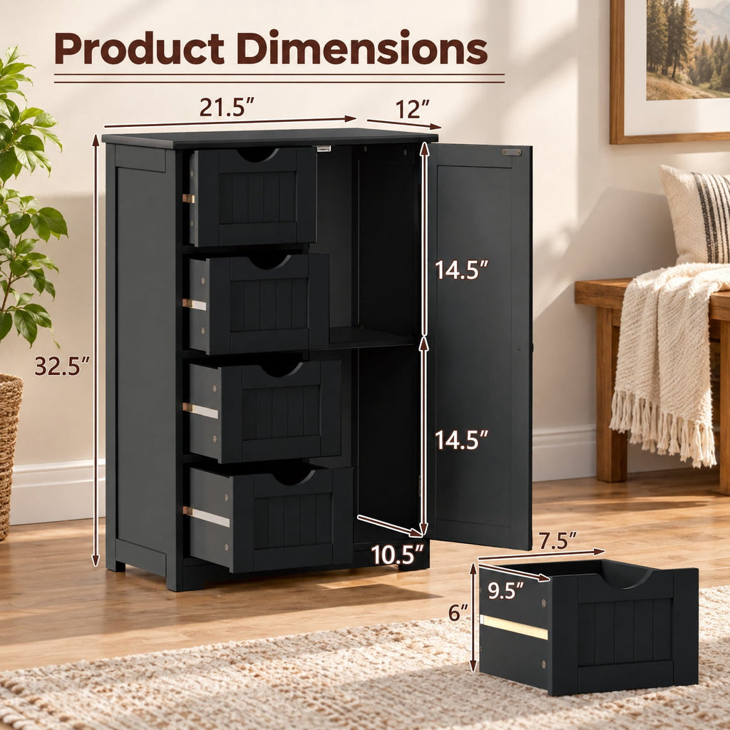 Airfind Standing Indoor Wooden Cabinet with 4 Drawers, 143 lbs Capacity, MDF Engineered Wood Frame, 21.5 Inch x 12 Inch x 32.5 Inch Footprint, Black