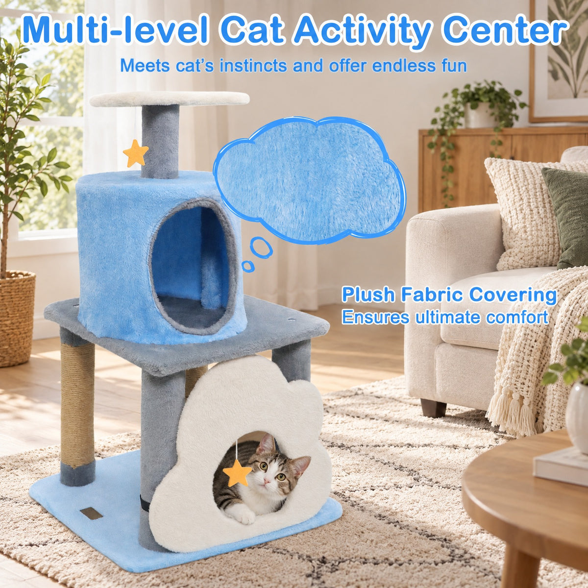 Airfind 31.5 Inch Cute Modern Cat Tree Multi-Level Kitten Tower, Engineered Board Plush Fabric Sponge Jute, 18.5 Inch X 16 Inch X 31.5 Inch Condo, Blue