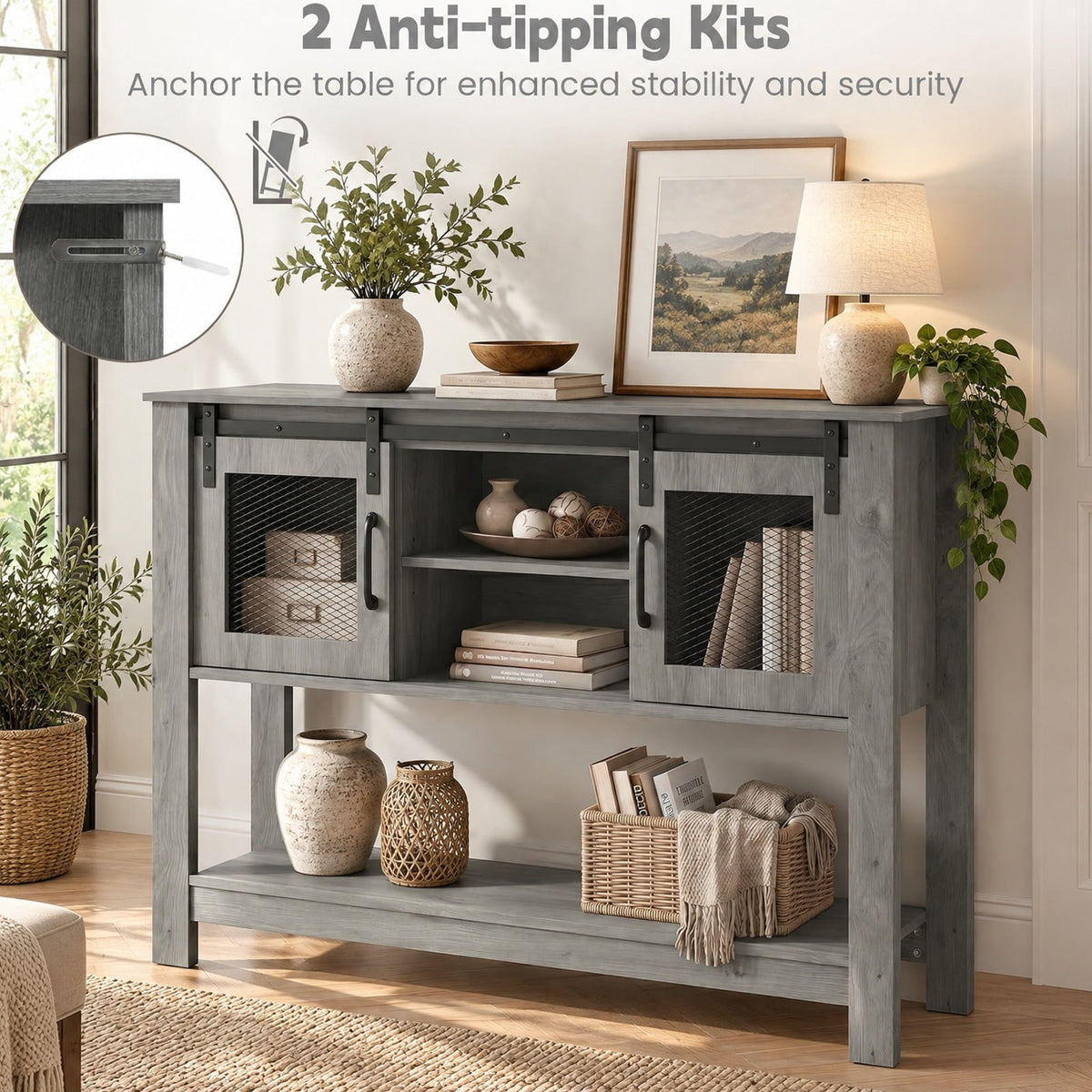 Airfind Console Table with Sliding Barn Doors and Storage Cabinets, 150 lbs Capacity, Engineered Wood Metal Frame, 40 x 12.5 x 32 Footprint, Gray