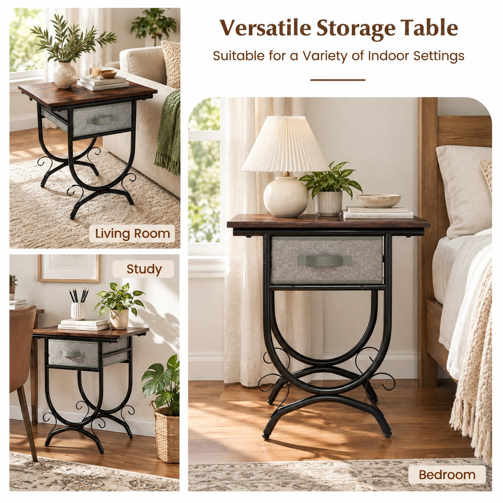 Airfind Side Table with Fabric Drawer and Carved Metal Frame for Living Room, 88 lbs Capacity, Engineered Wood Metal Fabric Frame, Black Gray