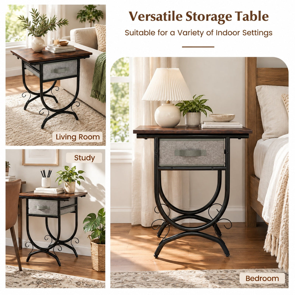 Airfind Side Table with Fabric Drawer and Carved Metal Frame for Living Room, 88 lbs Capacity, Engineered Wood Metal Fabric Frame, Black Gray