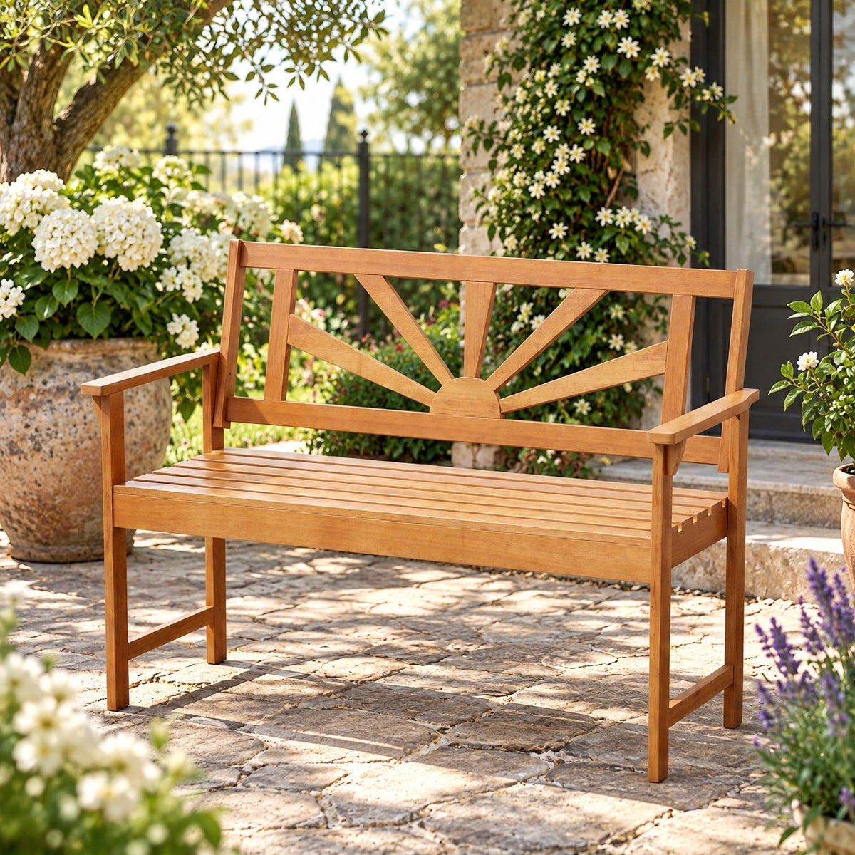 AIRFIND Outdoor Bench 47 inch Acacia Wood 2-Seater Patio Loveseat with Slatted Seat, Sunburst Backrest and Armrests, 800 lb Capacity, Natural