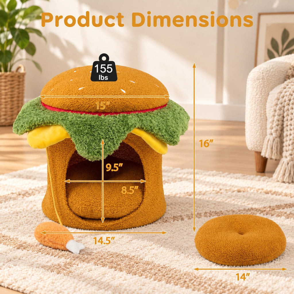 Airfind Hamburger Cat Nest with Chicken Drumstick Toy and Removable Cushion for Indoor Cats, 155 lbs Capacity, Yellow