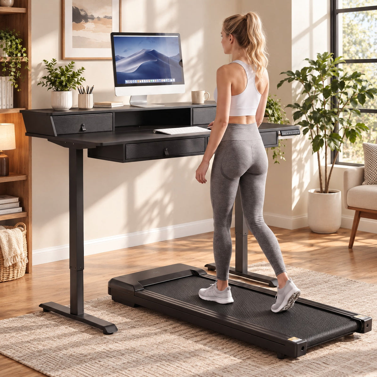 Airfind 55 Inch x 27 Inch Electric Standing Desk with Drawers, Engineered Wood Metal Fabric Frame, 55 Inch x 27 Inch x 33.5 Inch -51 Inch Footprint, Black
